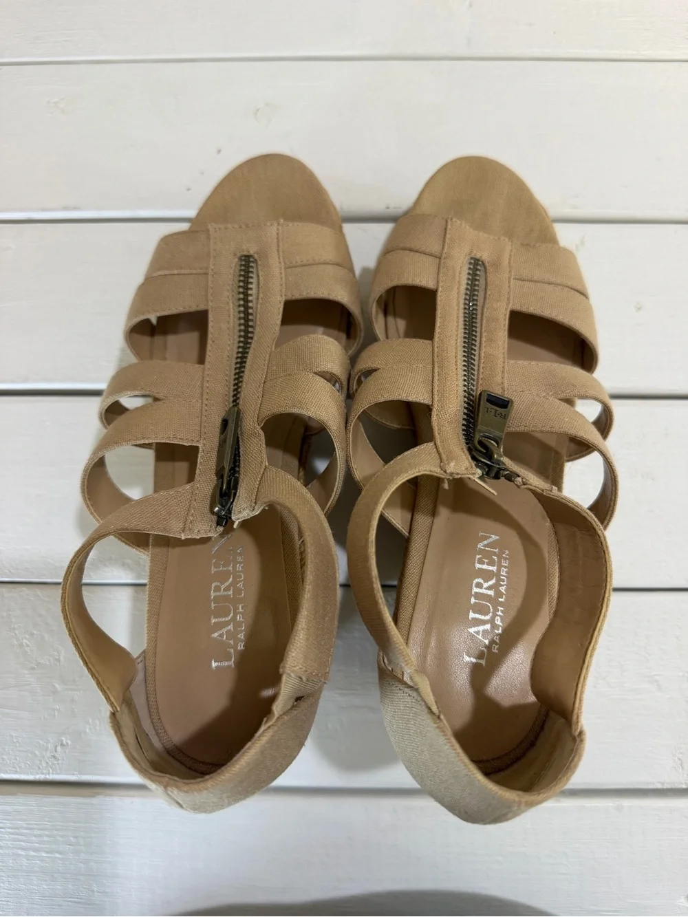 Lauren Ralph Lauren Kelcie Espadrille Wedge Sandals Beige Linen Zip Front SZ 8B